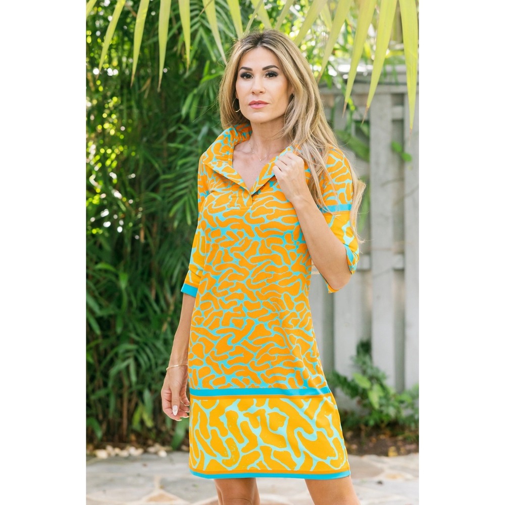 Jean-Pierre Klifa Paris Orange Turquoise Abstract Print Ruffle Neck Dress Small